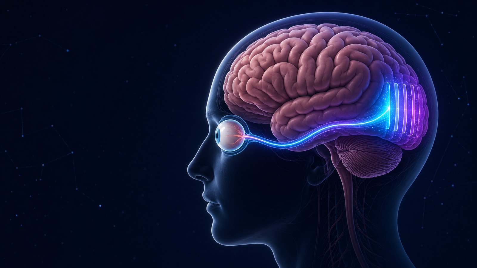 A human head in side profile: a picture enters the eye and travels the glowing optic nerve to the layers at the back of the brain (the visual cortex).